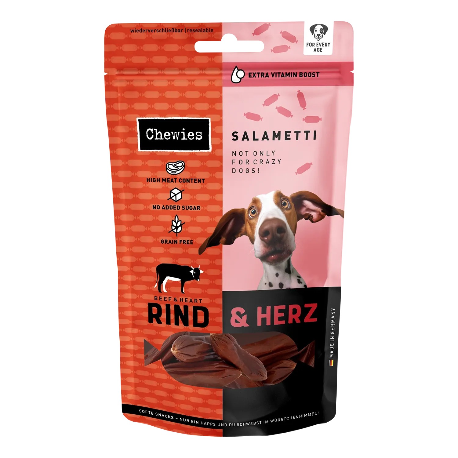 Chewies Salametti Hunde-Snacks Rind & Herz, 200g Packung. Getreidefreie Belohnung für Hunde.