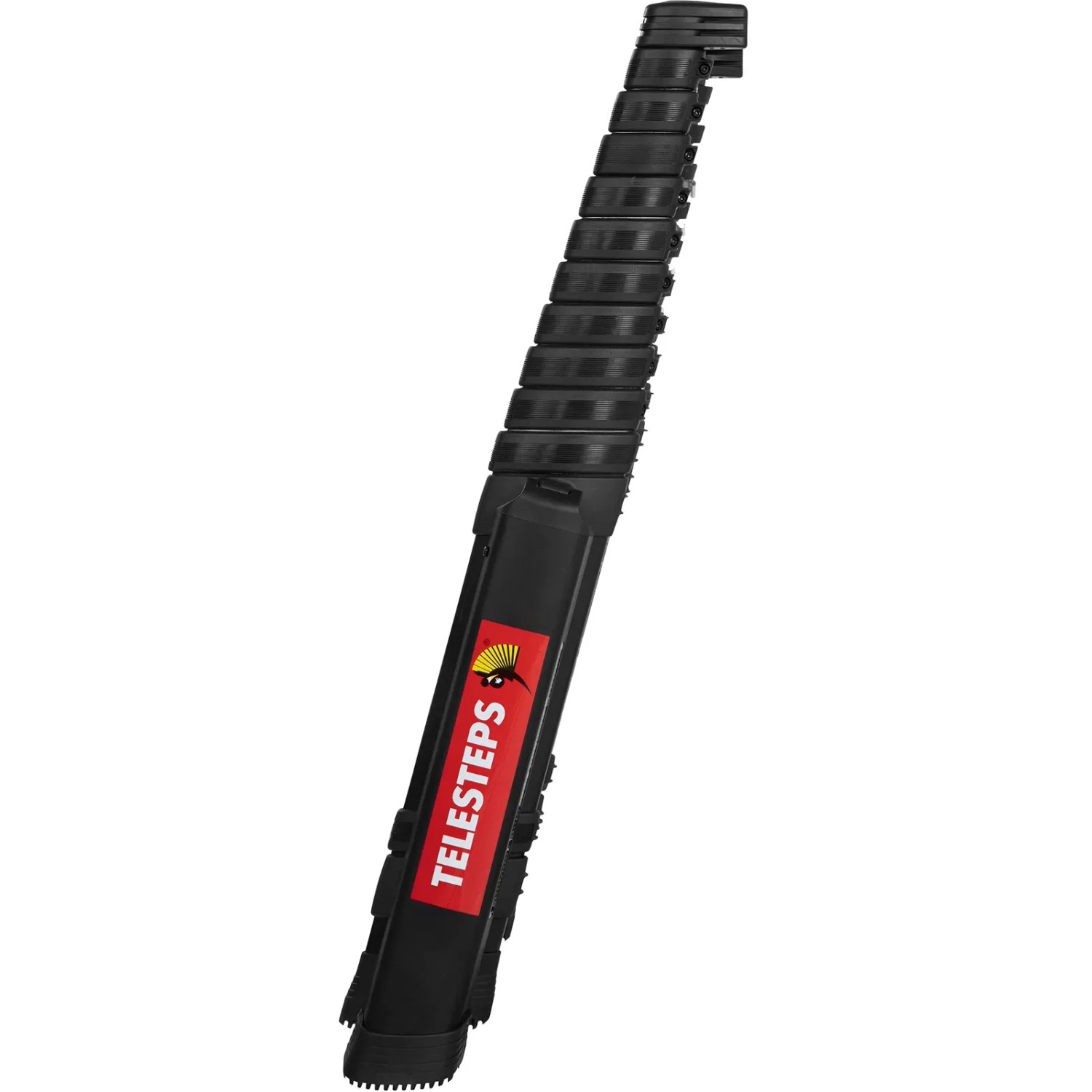 Zusammengeklappte Hymer Teleskop-Anlegeleiter mit 11 Stufen in Schwarz.