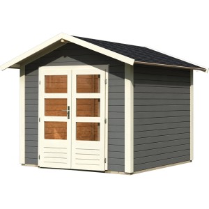 Karibu Holz-Gartenhaus Tessin 1, terragrau, mit Doppeltür und Satteldach.