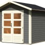 Karibu Holz-Gartenhaus Tessin 1, terragrau, mit Doppeltür und Satteldach.