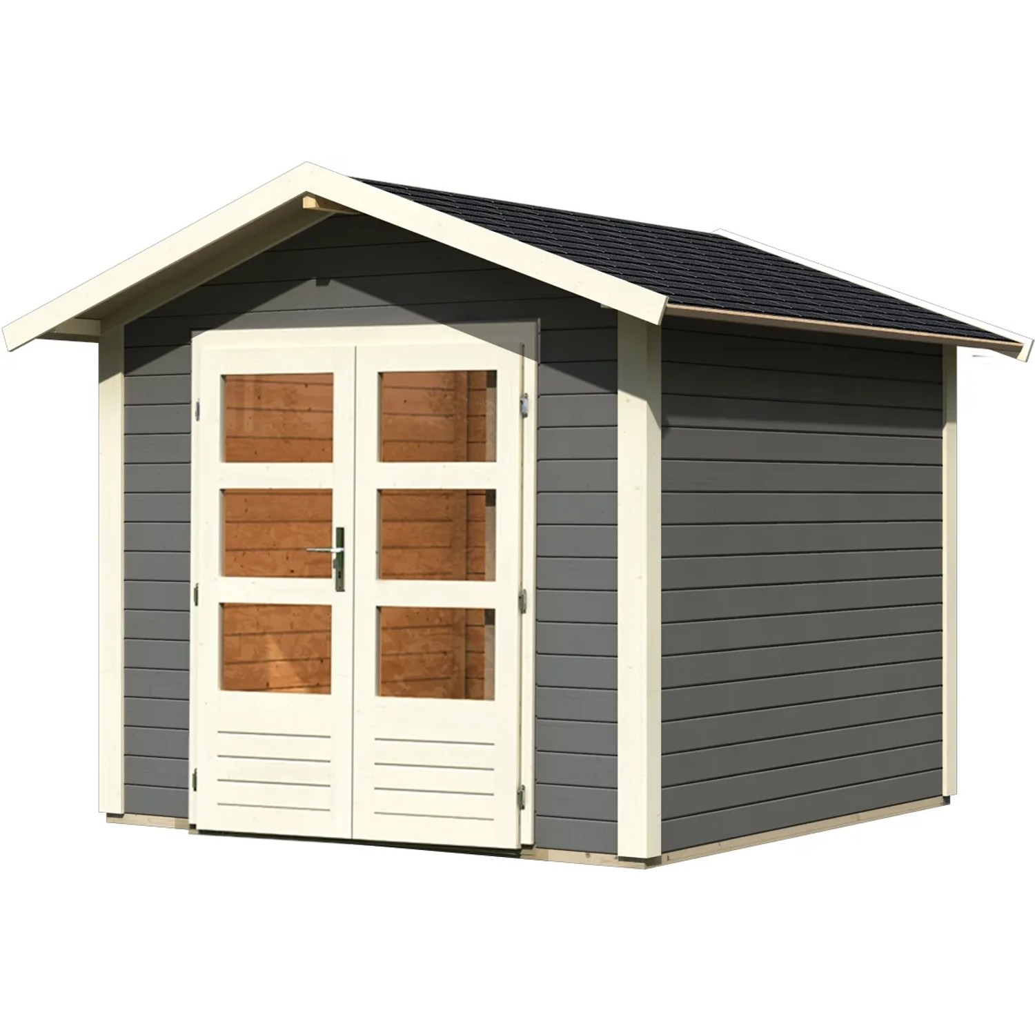 Karibu Holz-Gartenhaus Tessin 1, terragrau, mit Doppeltür und Satteldach.