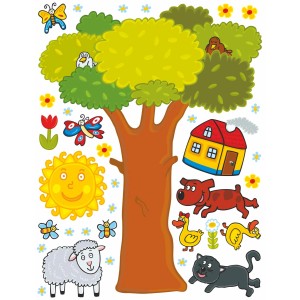 Sanders & Sanders Wandtattoo Bauernhof mit Baum, Tieren und Haus in bunten Farben, 65x85cm.