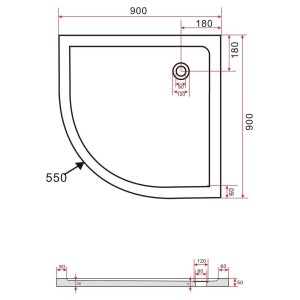 Technische Zeichnung: Glasdeals Acryl Duschwanne, Viertelkreis 90x90 cm, flache Bauweise.