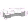 Graue 7-tlg. Garten-Sofagarnitur aus Polyrattan mit Kissen und Maßangaben.