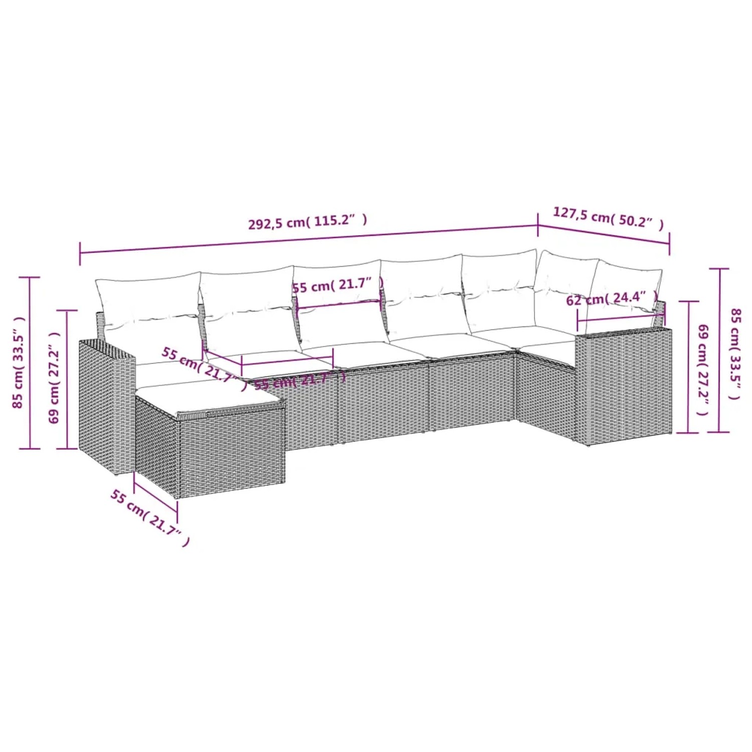 Graue 7-tlg. Garten-Sofagarnitur aus Polyrattan mit Kissen und Maßangaben.