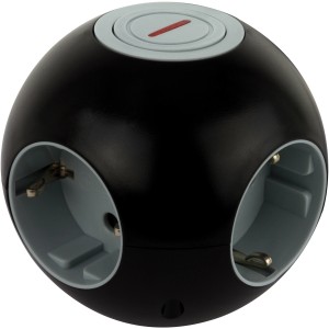 Schwarze 4-fach Mehrfachsteckdose in Kugelform mit grauem Schalter.