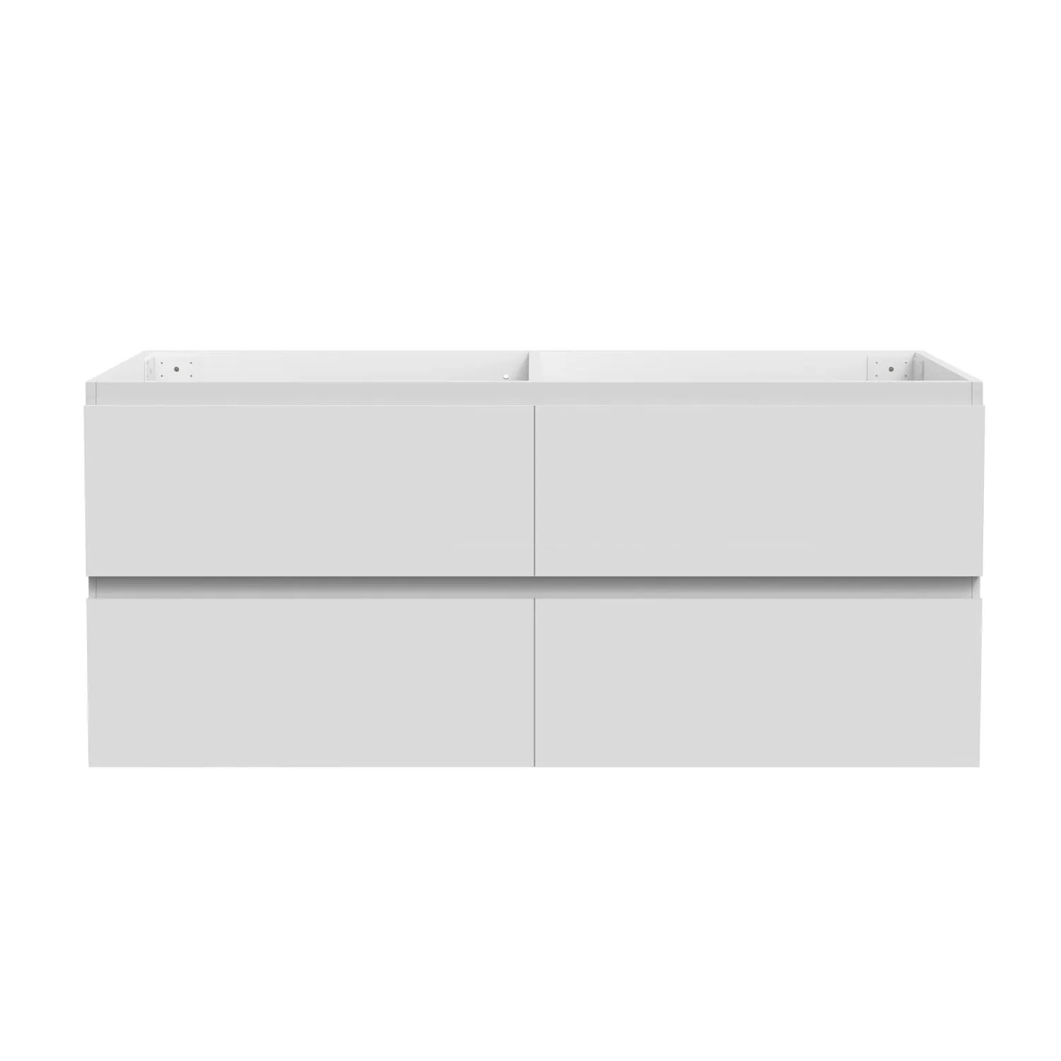 Minimalistischer mattweißer MDF Waschbeckenunterschrank mit 4 Schubladen für moderne Bäder.