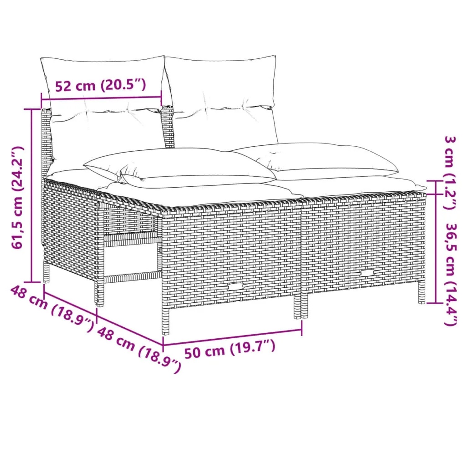 Braune 5-tlg. vidaXL Garten-Sofagarnitur aus Polyrattan mit cremeweißen Kissen und Maßangaben.