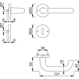 Technische Zeichnung: AnsaPro Isar Rosettengarnitur, Aluminium, Maße für Türbeschläge.