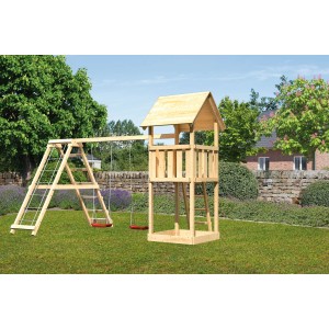 Karibu Kinderspielturm Lotti Set mit Doppelschaukel und Klettergerüst aus Holz im Garten.