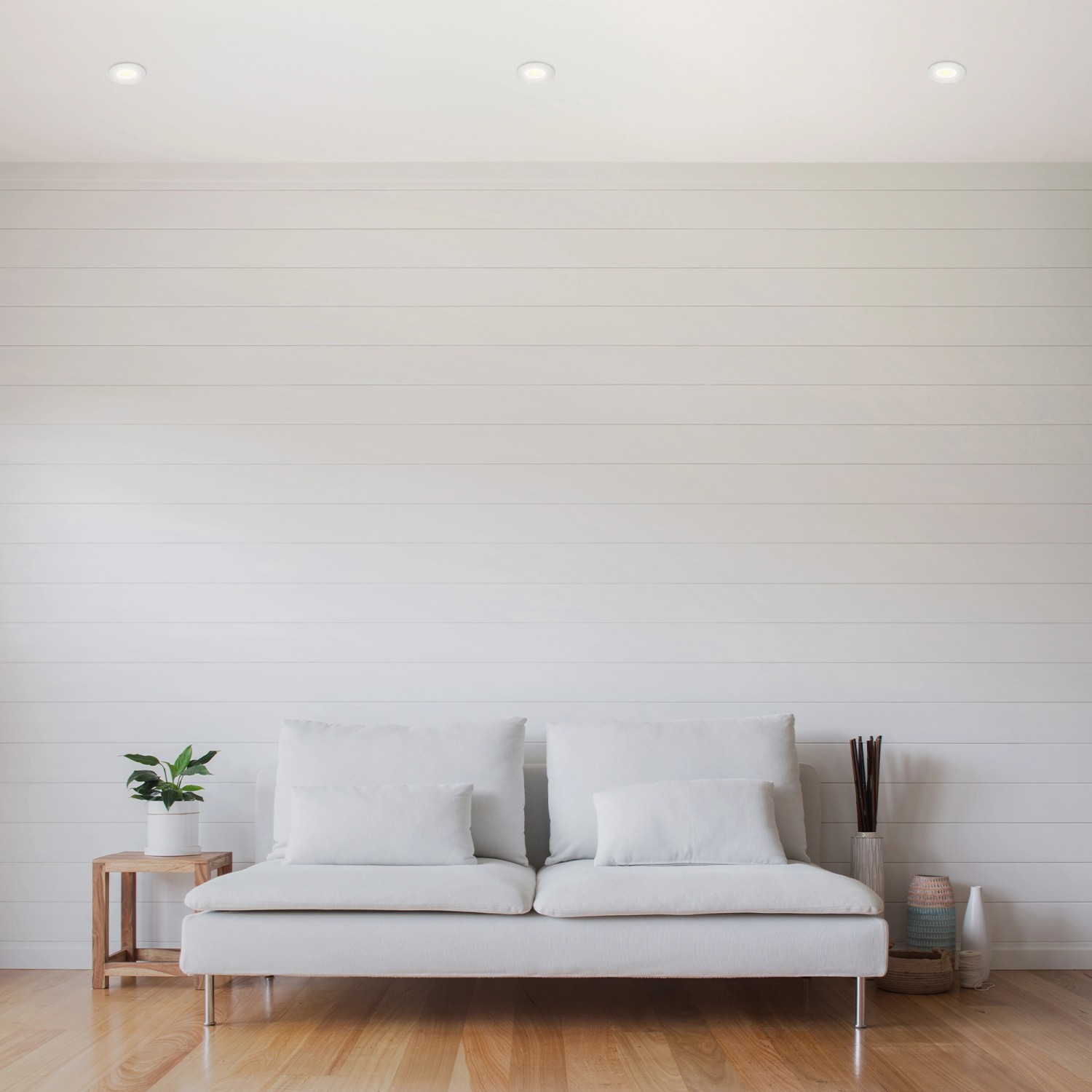 Brilo LED-Einbaustrahler Kulana 3er-Set, weiße Lampen in Wohnraumdecke integriert.