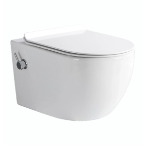 Weißes spülrandloses Wand-WC mit Duschfunktion, integrierter Armatur und Softclose WC-Sitz aus Sanitärkeramik.