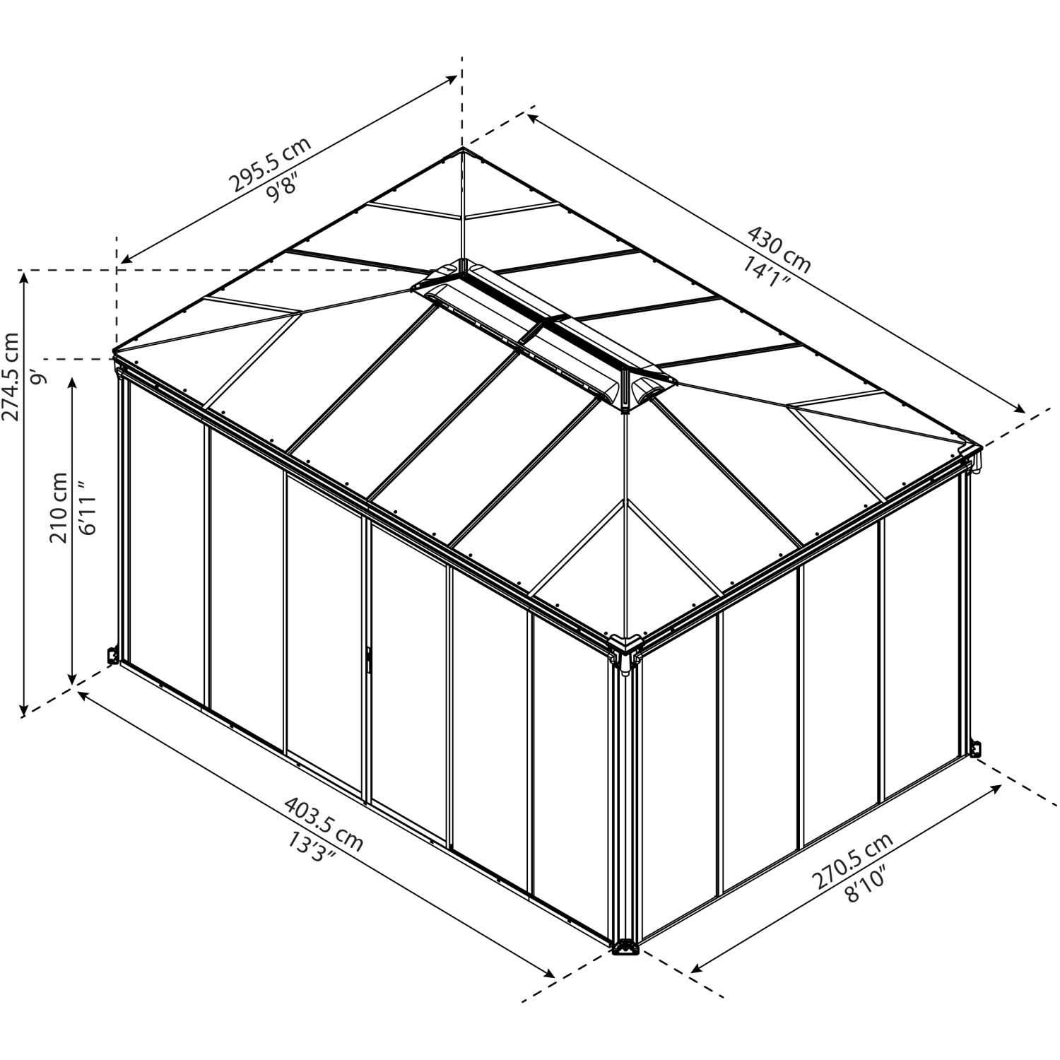 Technische Zeichnung: Canopia Ledro 3 x 4.3 Pavillon, geschlossene Bauweise, Maße in cm.