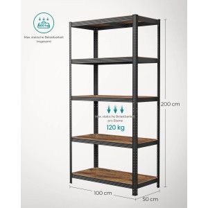 Songmics Standregal, 200 cm hoch, mit 5 braunen Regalböden und schwarzem Metallgestell.