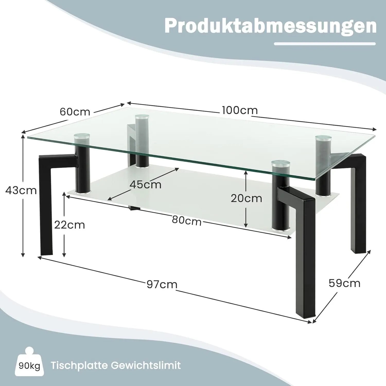 Costway Couchtisch Glas, Wohnzimmertisch mit 2 Ebenen und schwarzem Metallgestell, Maße.