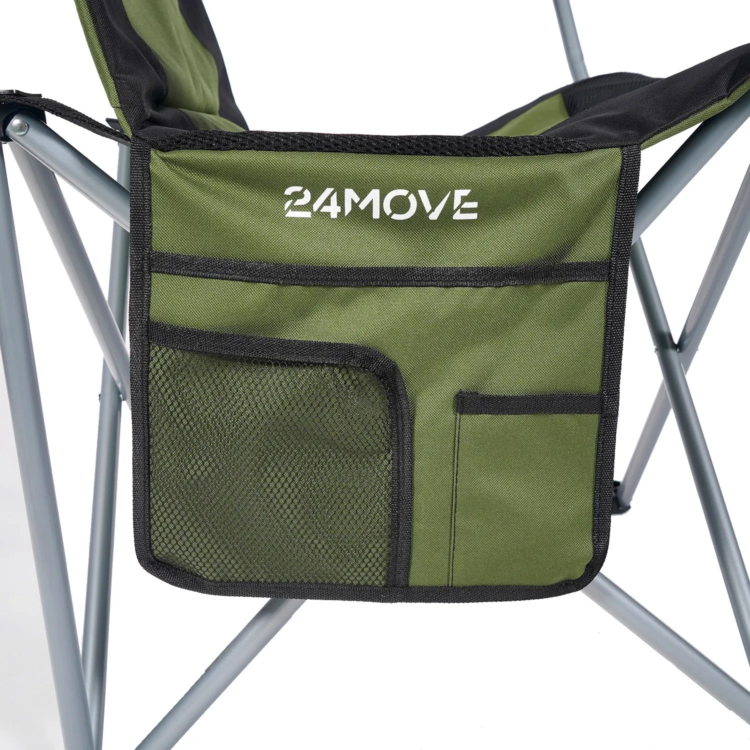 Detailansicht: Grüner 24MOVE Campingstuhl mit Tasche und Netzfach.