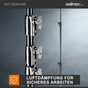 Walimex Pro Air 355 Lampenstativ: Detail der Luftdämpfung und Verstellknöpfe für sicheres Absenken.