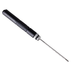 Schwarzer Topeak Tubi Valve Cleaner, kompaktes Ventilwerkzeug mit Metallspitze für Fahrradventile.