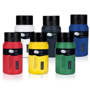 Artina Crylic Acrylfarben Set, 6 Farben (Weiß, Gelb, Grün, Rot, Blau, Schwarz), je 500ml.