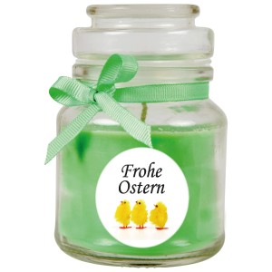 HS Candle Duftkerze Frohe Ostern Bonbon Ø7cm Coconut Limes Küken im Glas mit Schleife.