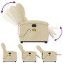 Elektrischer Massagesessel mit Aufstehhilfe, creme Stoff, verschiedene Positionen der Rückenlehne und Fußstütze.