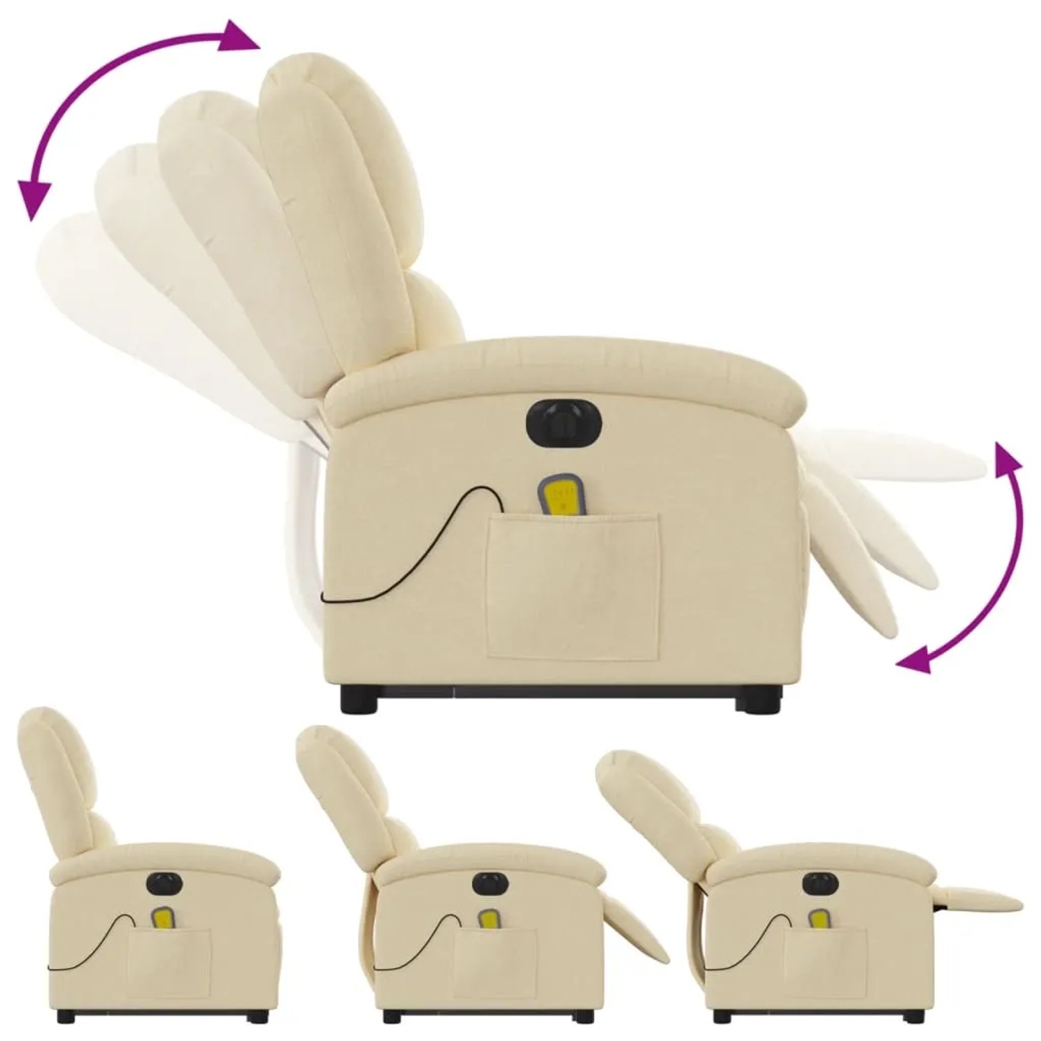 Elektrischer Massagesessel mit Aufstehhilfe, creme Stoff, verschiedene Positionen der Rückenlehne und Fußstütze.