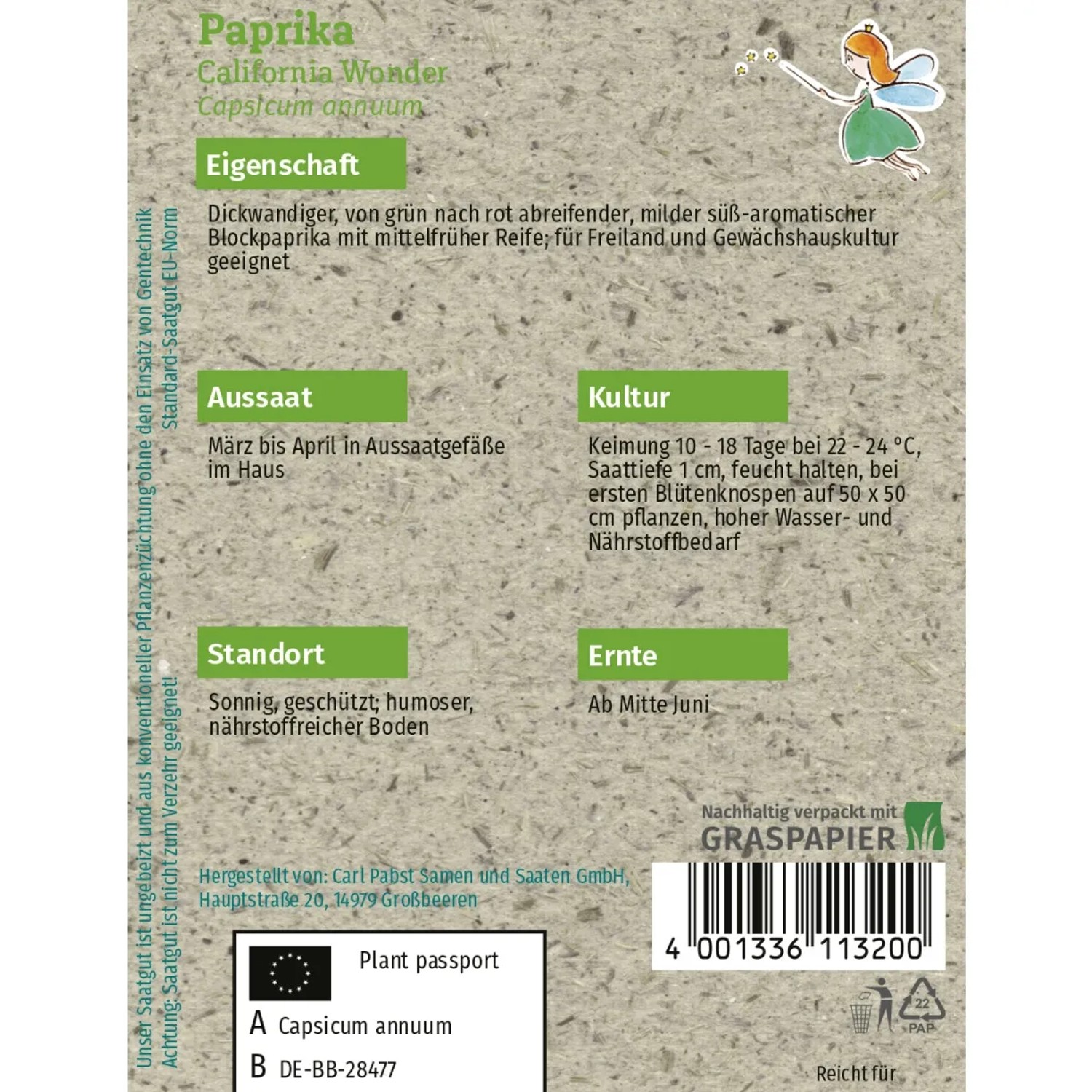 Samentüte Grüne Fee Paprika California Wonder, Blockpaprika Saatgut für ca. 30 Pflanzen.