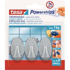 Tesa Klebehaken Chrom matt oval, 3er-Set mit Powerstrips. Spurlos ablösbar, bis 1 kg Halteleistung.