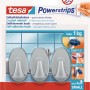 Tesa Klebehaken Chrom matt oval, 3er-Set mit Powerstrips. Spurlos ablösbar, bis 1 kg Halteleistung.