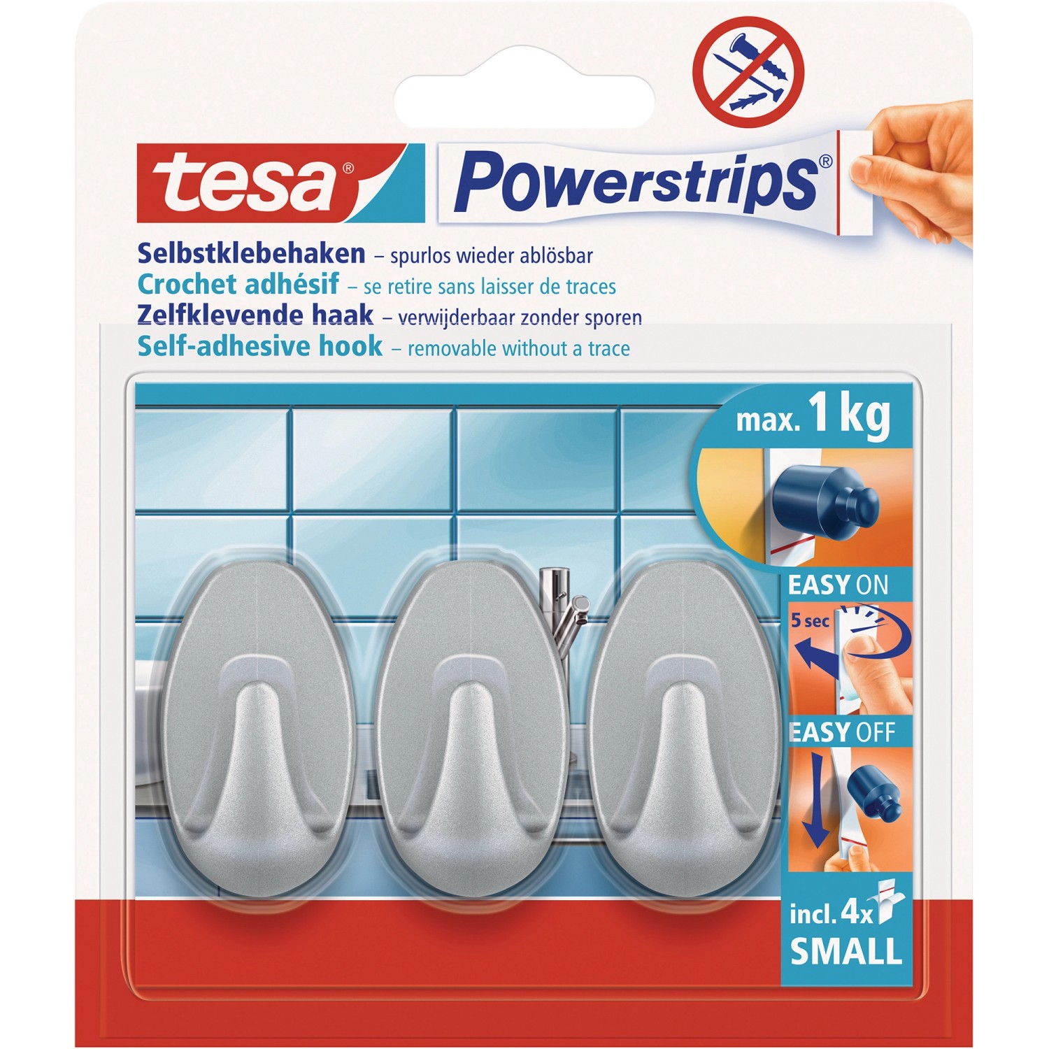 Tesa Selbstklebehaken Chrom matt oval 3 Stück mit 4 x Powerstrips Small