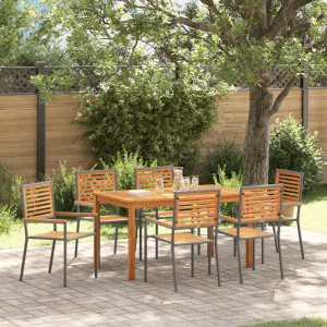 Graue 7-teilige vidaXL Garten Essgruppe aus Poly Rattan für Garten oder Terrasse.