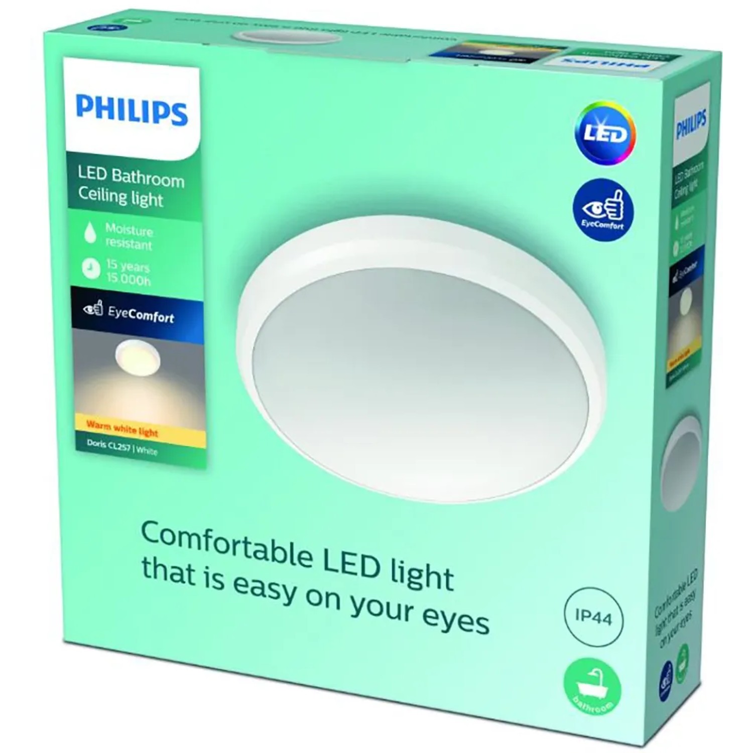 Verpackung der Philips LED-Deckenleuchte Doris, 6W, 2700K, IP44, Weiß. Augenschonendes Licht.