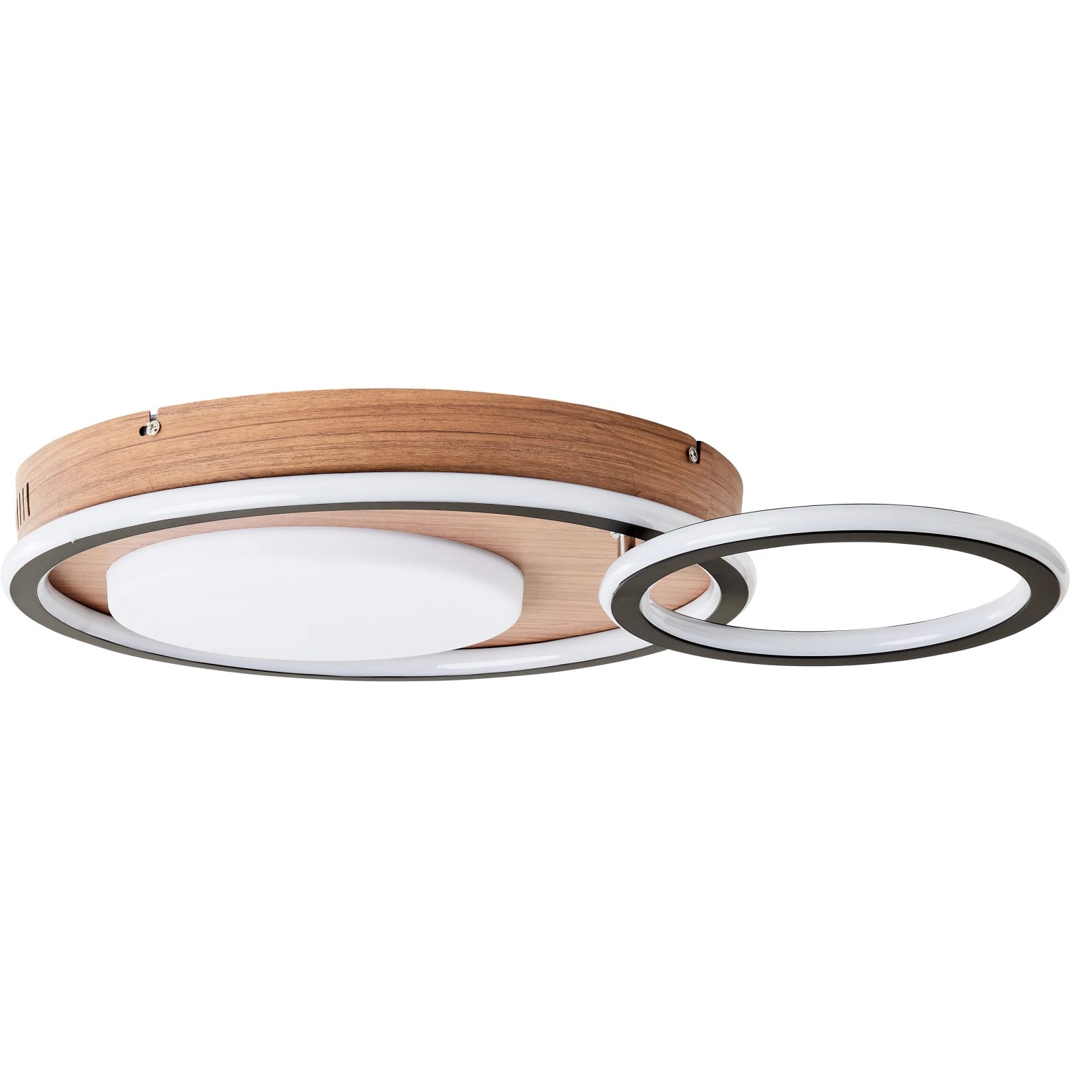 Moderne LED-Deckenleuchte Karney in Schwarz und Holz, 57x40 cm, für Innenräume.