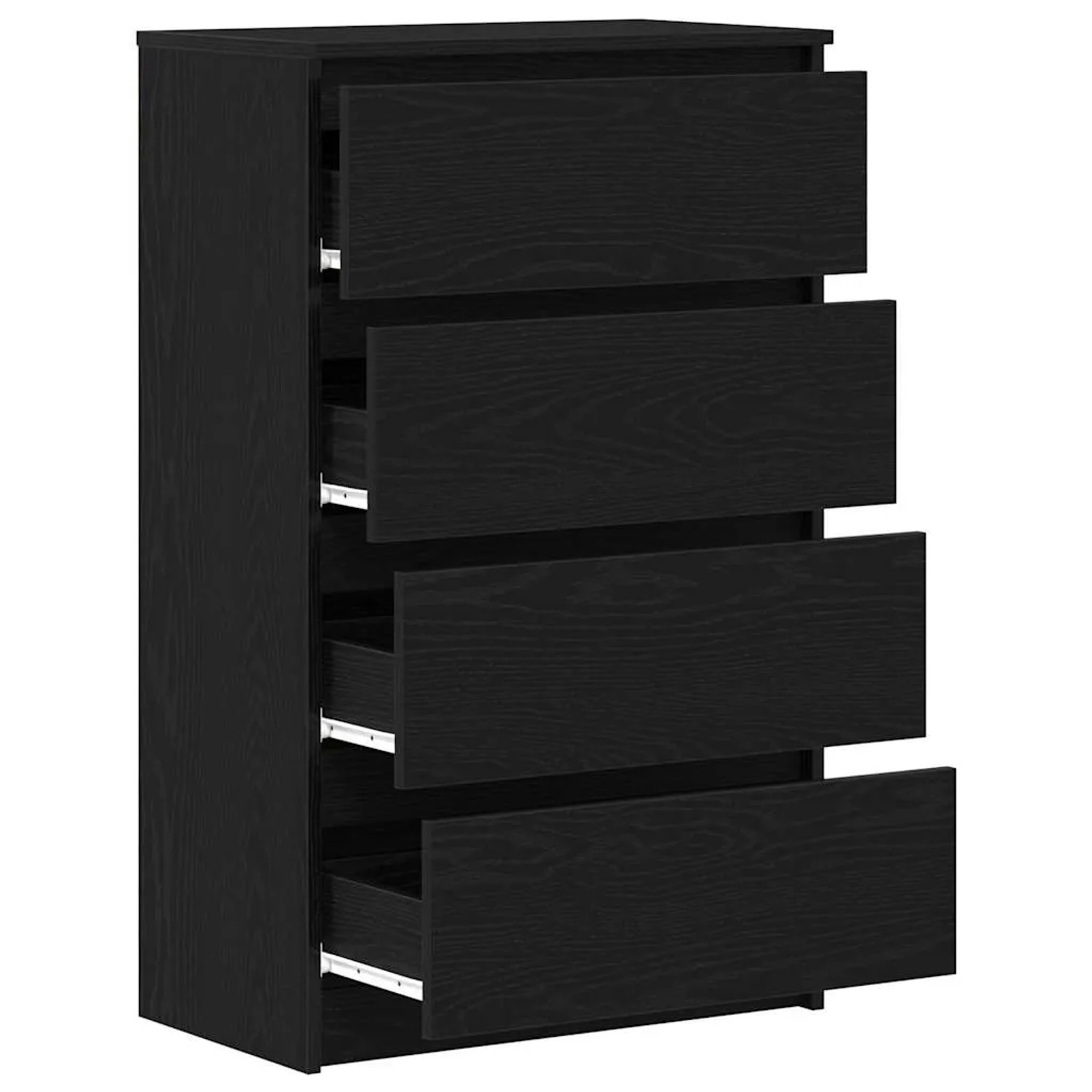 Schwarzes Sideboard in Eichen-Optik mit 4 Schubladen, 60x35x98,5 cm. Holzkommode für Wohnraum.