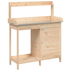 Heller Pflanztisch aus massivem Tannenholz mit verzinkter Arbeitsplatte, Schrank, Schublade und Ablage.