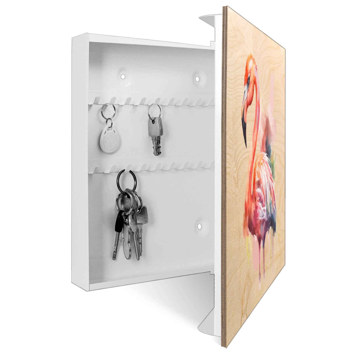 Weißer Schlüsselkasten aus Holz mit Aquarell-Flamingo Motiv, 50 Haken und Scharnier rechts.