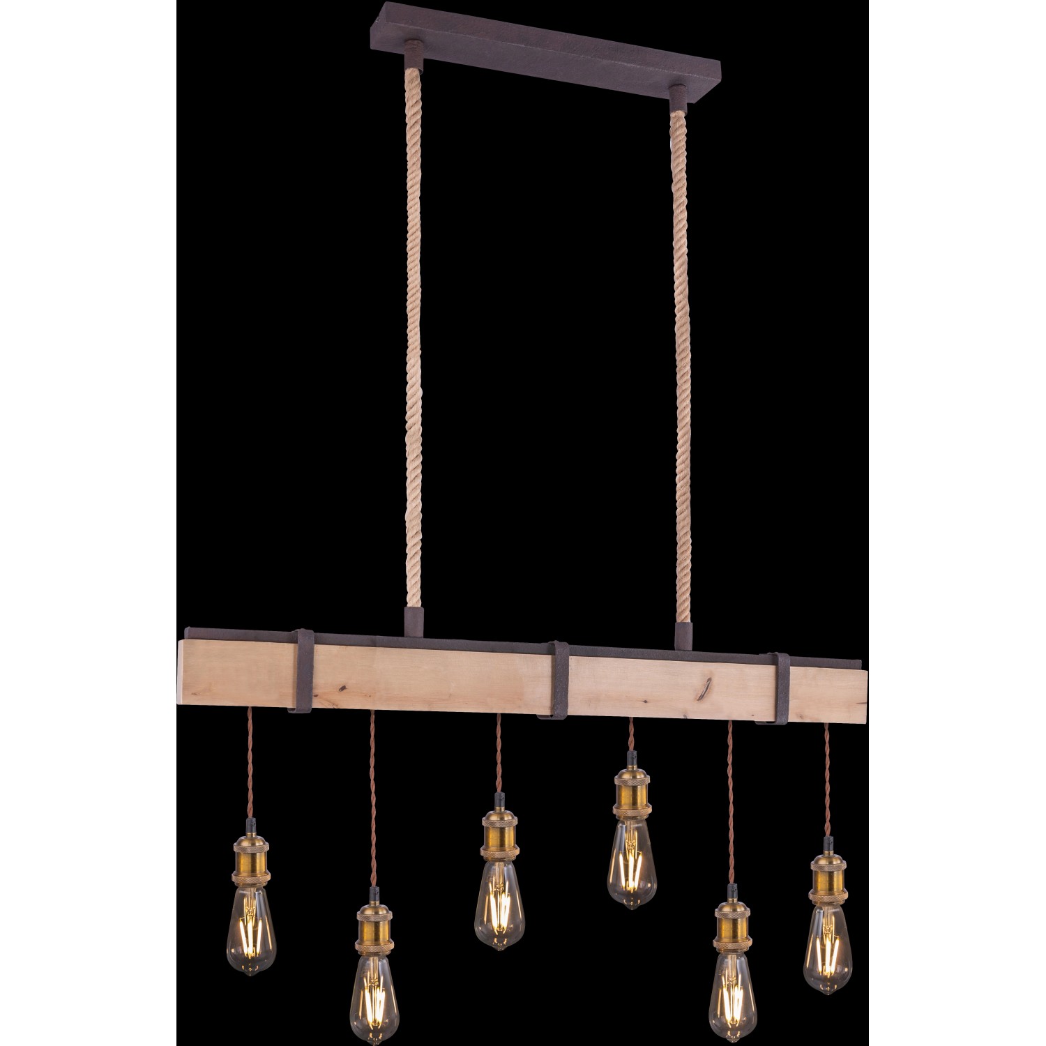 Rustikale Pendelleuchte Mucha mit Holzbalken und sechs Edison-Glühbirnen ohne Lampenschirme.