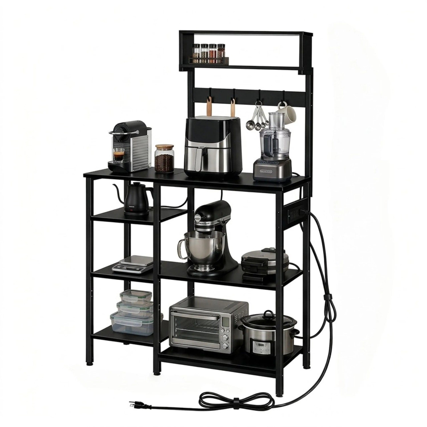 Relaxdays Küchenregal Metall Holzoptik Schwarz Mehrere Ebenen mit Steckdose 151 cm x 82 cm x 40 cm