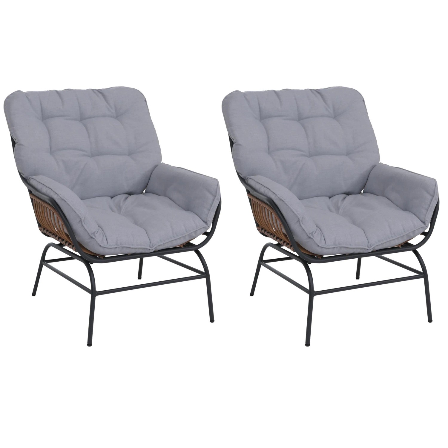 MCW 2er-Set Loungestuhl P75 Relaxstuhl Poly-Rattan Metall Dunkelgrau Polster Hellgrau