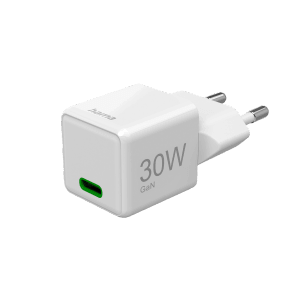 Weißes Hama Super-Mini-Ladegerät GaN USB-C PD 30W für Hausautomation.