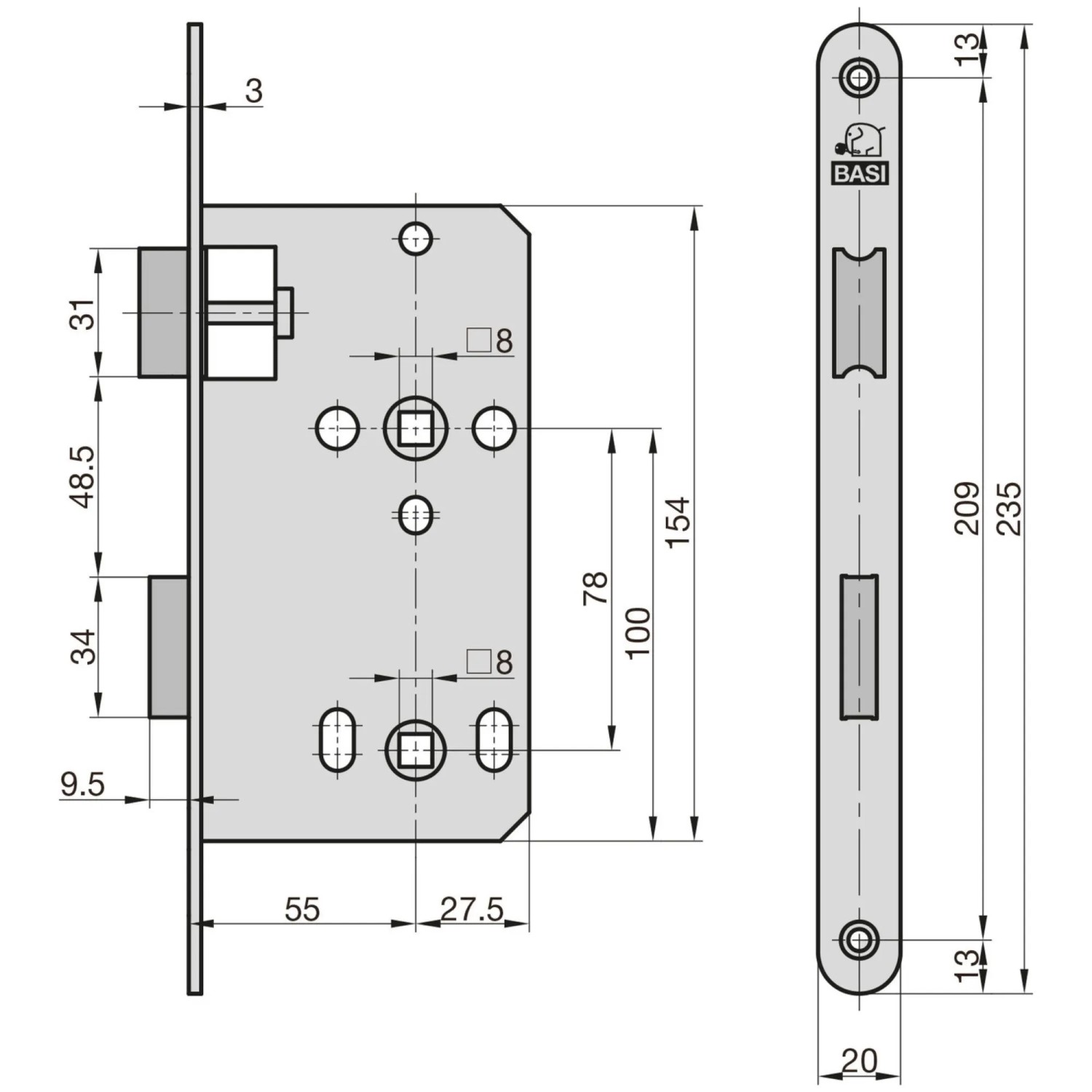 Technische Zeichnung: BASI Zimmertürschloss ES 929 BAD, Maße und Details für Montage. Türsicherung.