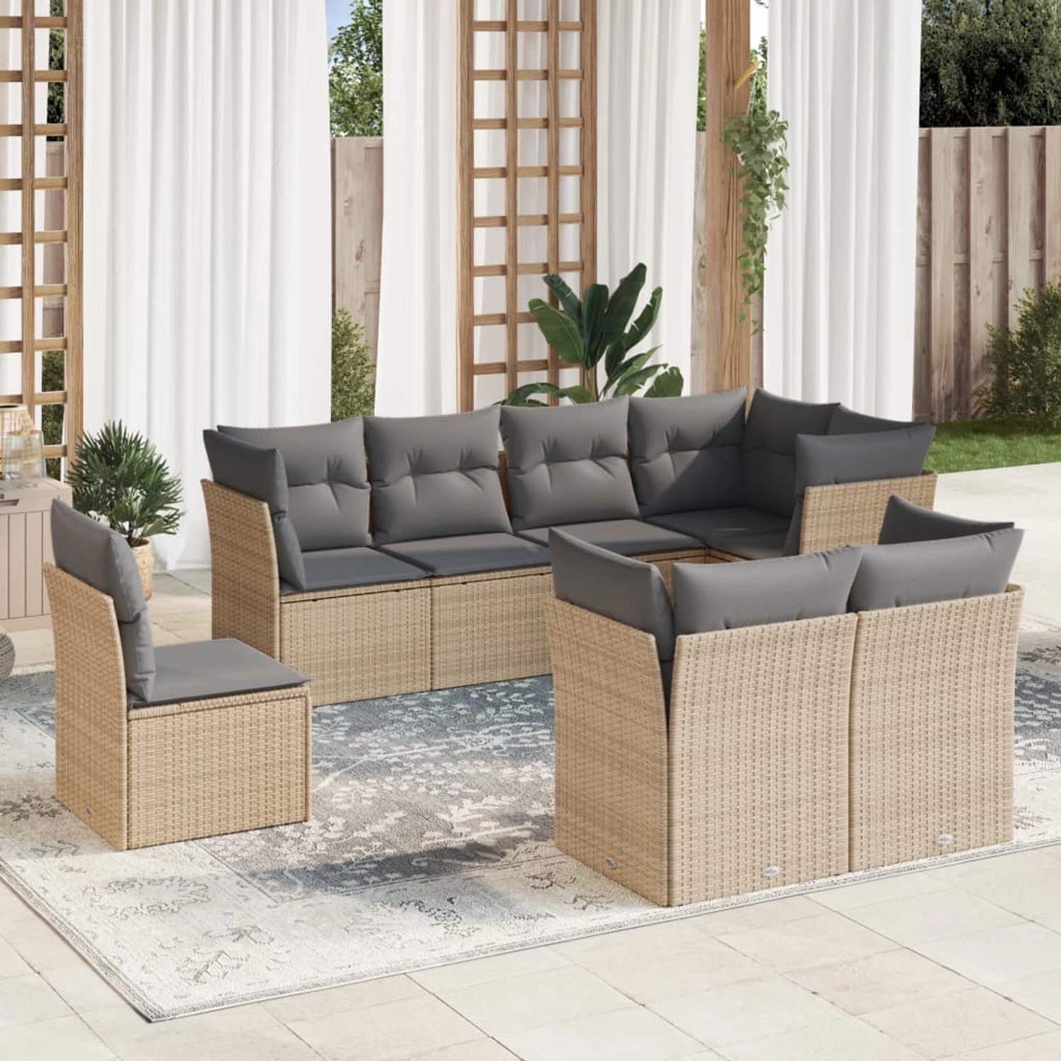 Beige 8-tlg. Garten-Sofagarnitur aus Polyrattan mit grauen Kissen. Modulare Gartenmöbel für Terrasse und Garten.