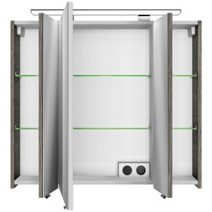 Pelipal Spiegelschrank Serie 4010 Graphit, 80 cm breit, mit drei Türen, Glasböden und Aufsatzleuchte.