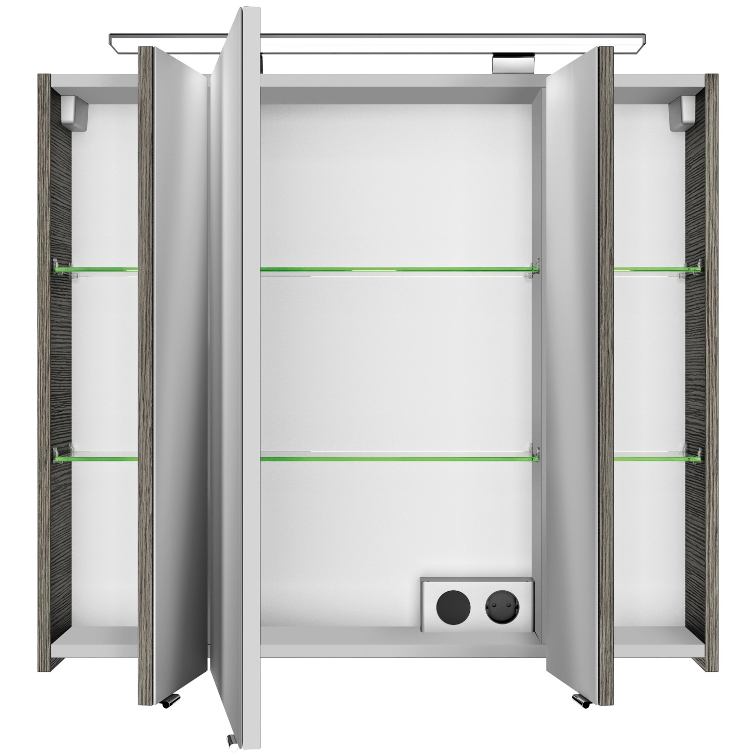 Pelipal Spiegelschrank Serie 4010 Graphit, 80 cm breit, mit drei Türen, Glasböden und Aufsatzleuchte.