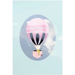 Wandbild Happy Green: Heißluftballon mit Tierfigur, 50x70 cm. Kinderzimmer Deko.