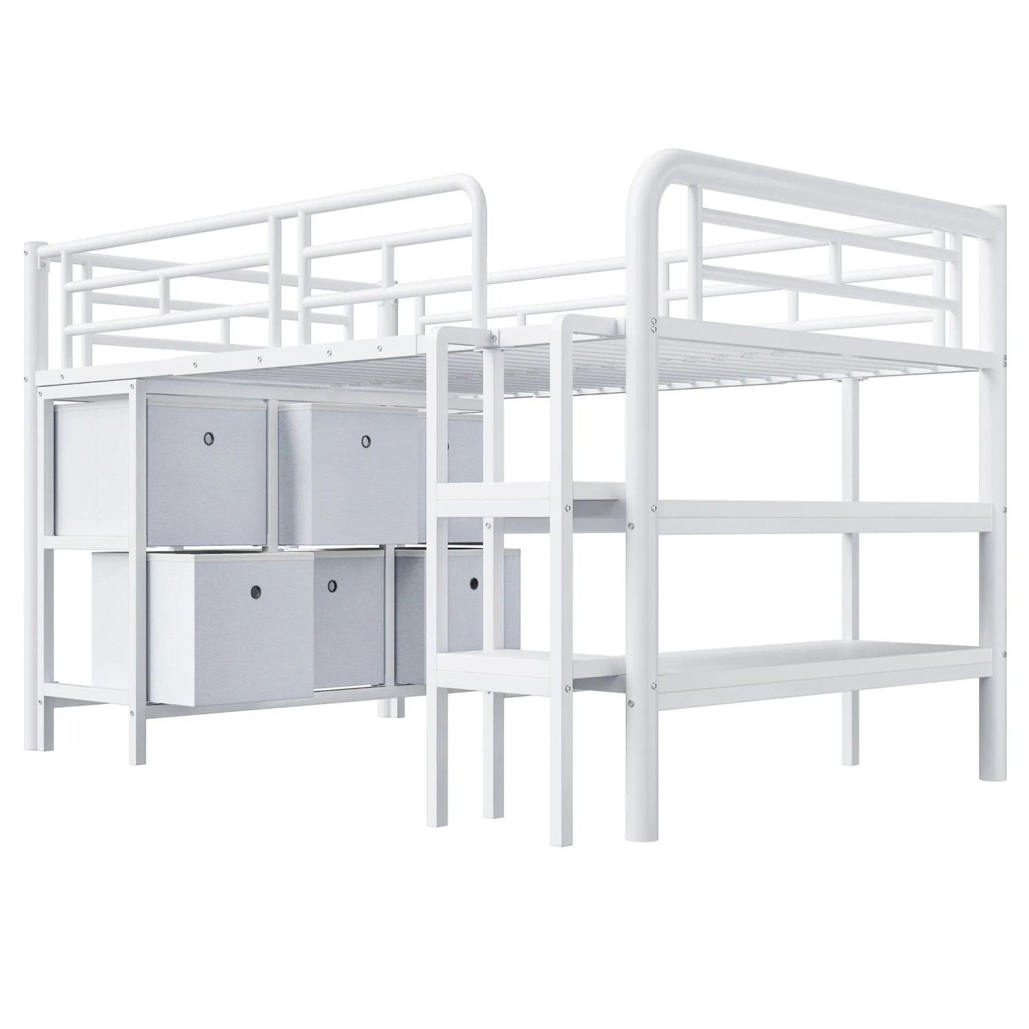 okwish Hochbett 90x200cm mit Stauraum Treppe Kinderzimmer Weiß ohne Matratze