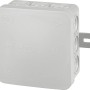 Grauer Abzweigkasten Aufputz, 70x70mm, IP54, mit 12 Anschlussmöglichkeiten für Innen- und Außenbereich.