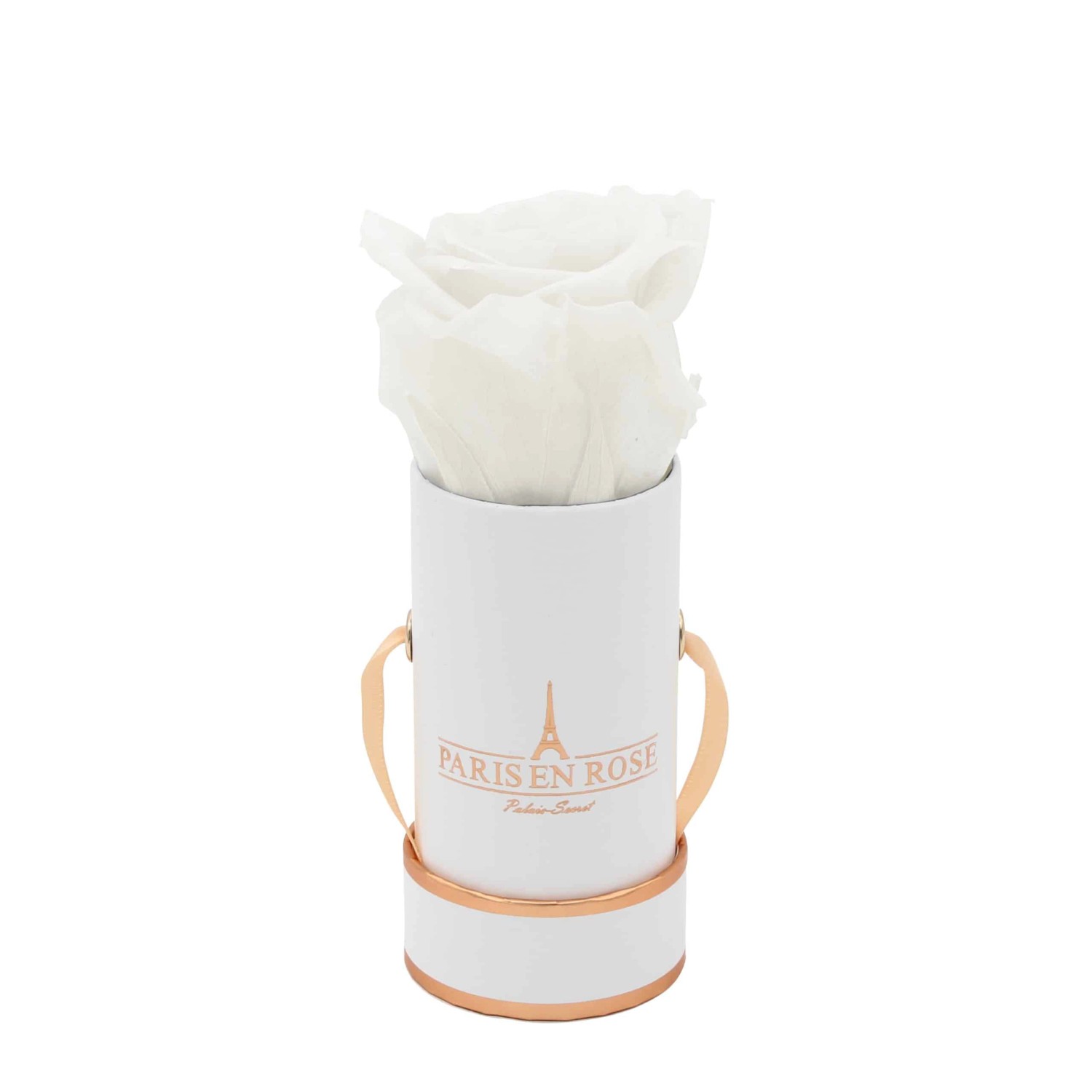 Rosenbox Ø 5 cm Weiß-Roségold mit einer Weißen Rose