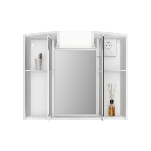 Weißer Jokey Spiegelschrank Angy, 59x50 cm, mit zwei Ablagen, Steckdose und Beleuchtung.
