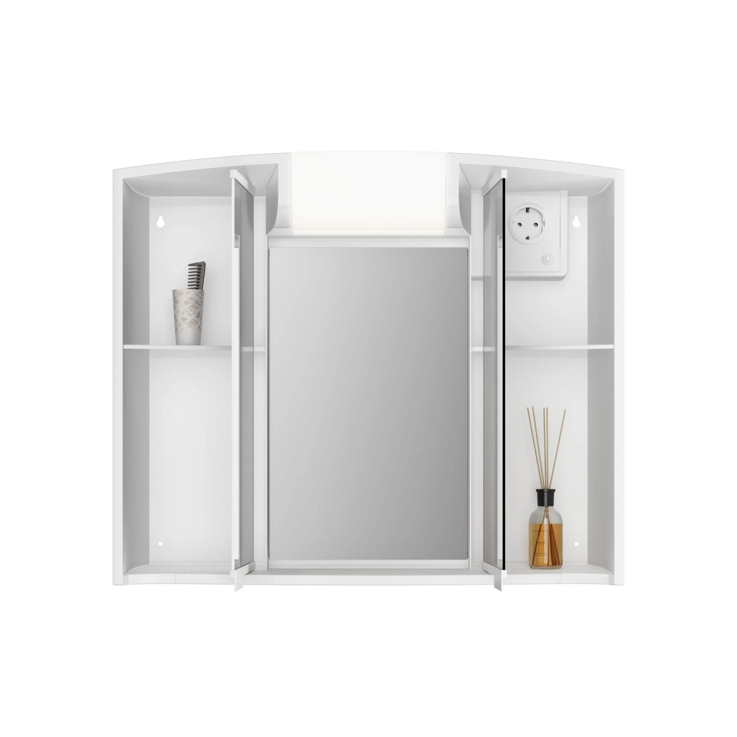 Weißer Jokey Spiegelschrank Angy, 59x50 cm, mit zwei Ablagen, Steckdose und Beleuchtung.